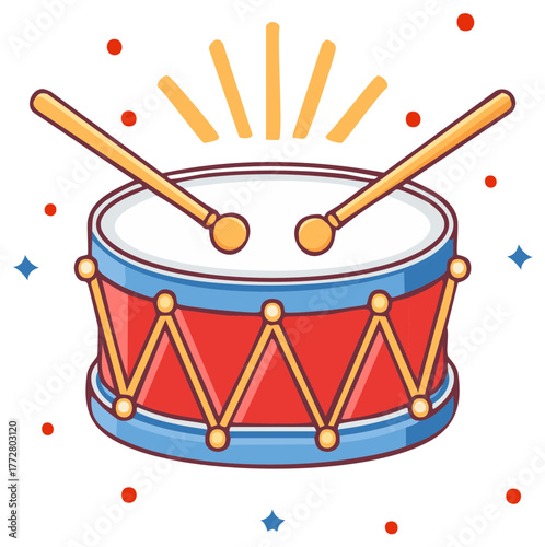 Festive cartoon drum with drumsticks creating a rhythmic beat illustration