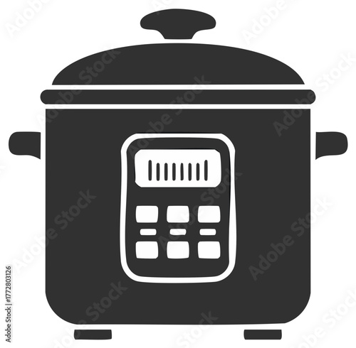 Multicooker icon illustration with lid, handles, display, and multiple buttons for pressure cooking and food preparation