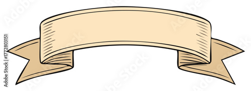 Hand drawn vintage ribbon banner illustration with curved scroll and blank space for text