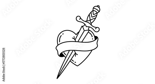 Classic dagger pierced heart tattoo design on a clean background showcasing enduring love and pain