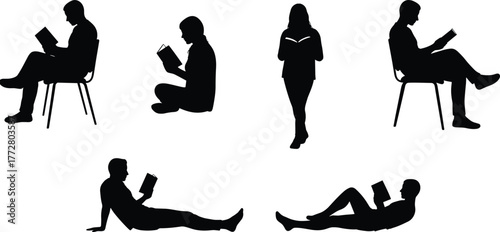 Reading silhouette vector, people reading book clipart, study posture design, student lifestyle art, education activity graphic, learning illustration set