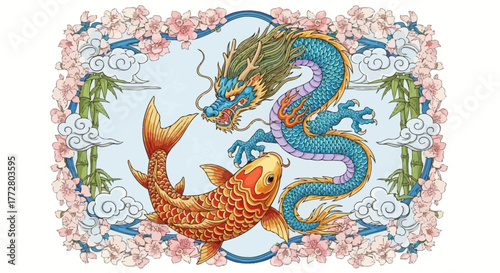 Fantasy watercolor illustration of a celestial azure dragon with a vibrant koi fish amidst floral