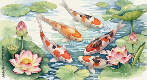 Watercolor painting of koi fish swimming among lotus flowers and lily pads serene aquatic scene