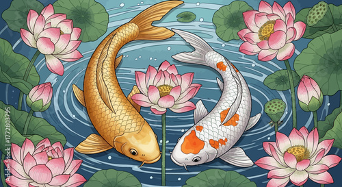 Artistic rendering featuring golden and white koi fish swimming amongst tranquil water lilies