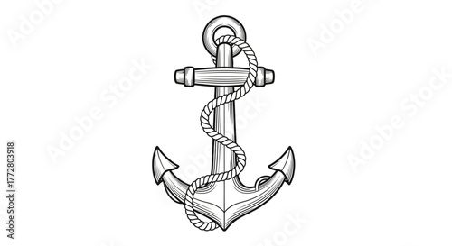 Detailed Anchor and Rope Illustration Isolated on White Background Depicting Nautical Symbolism