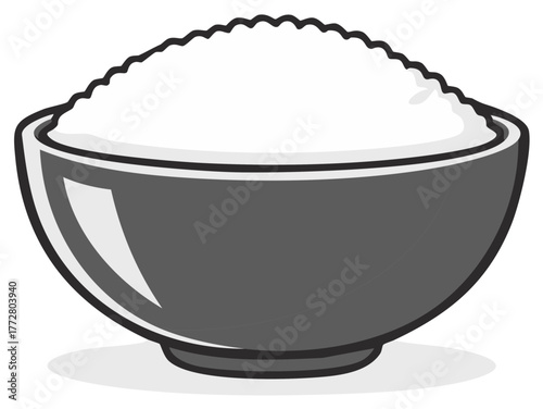 Full bowl of white rice. Cooked grain, Asian food, simple line art illustration.