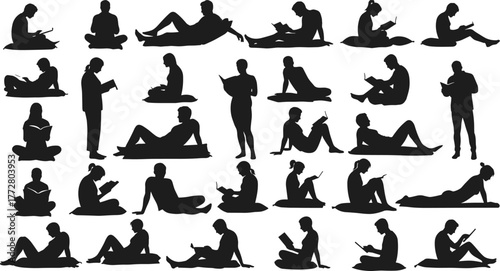 Reading writing silhouette, people study vector, book lover clipart set, education design art, learning activity graphic, student lifestyle illustration