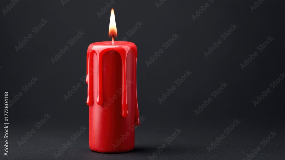 Fototapeta premium Red Wax Candle with Burning Flame on Black Background, Capturing Warmth and Ambiance in Minimalist Style for Home Decor and Events
