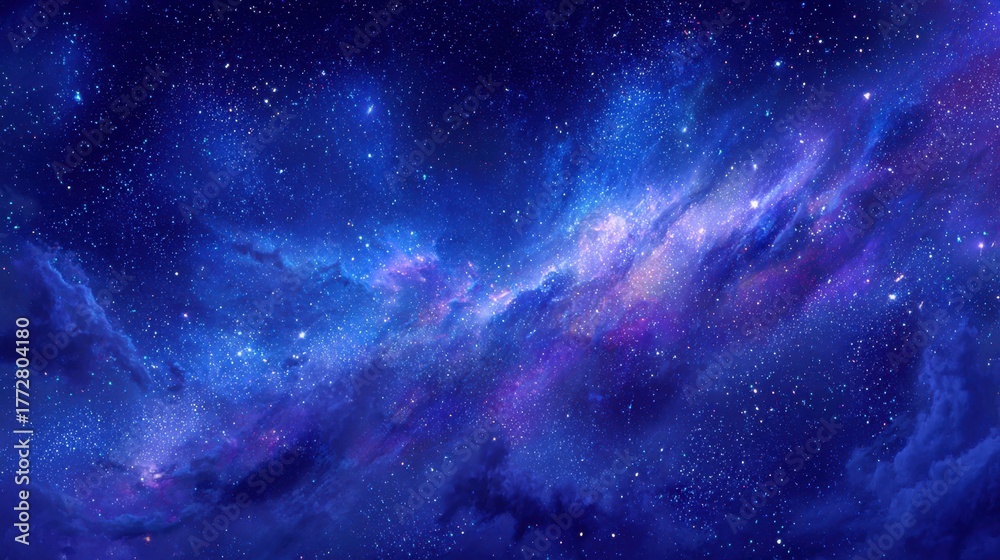 Naklejka premium Bright stars shine against a deep blue backdrop showcasing swirling galaxies in the cosmos.