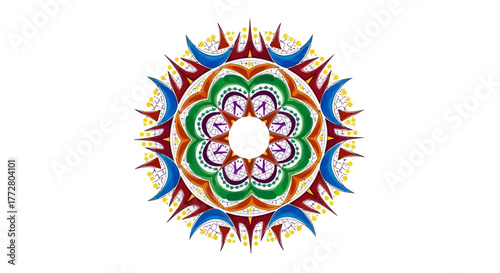 Colorful celestial inspired mandala design radiating from a central void with balanced shapes