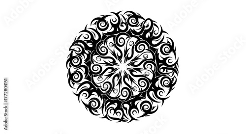 Monochromatic decorative swirl pattern on transparent background, abstract vortex effect creating