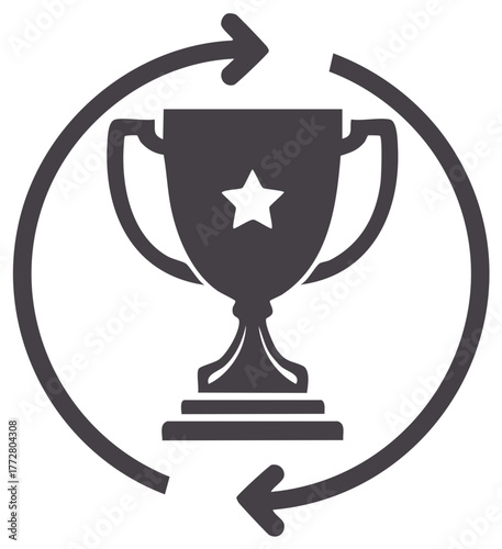 Achievement Cycle: Trophy with Circular Arrows Symbolizing Continuous Improvement and Iteration