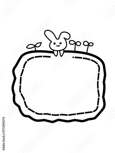Hand-drawn decorative frame with bows and wavy lines in black outline on a white background. Vintage border element concept, greeting card design and elegant frame
