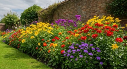 Colorful summer flower bed border in an English garden with a brick wall.