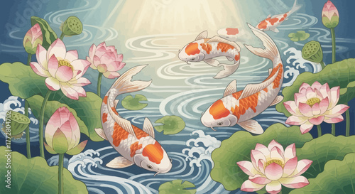 Tranquil pond scene featuring koi fish swimming amidst blooming lotus flowers and lily pads