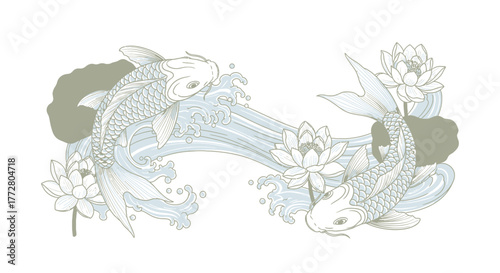 Elegance of koi fish and lotus blossom illustration design captures serenity aquatic movement ink