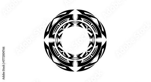 Circular Tribal Pattern Illustration with Intricate Black Geometrical Shape Elements