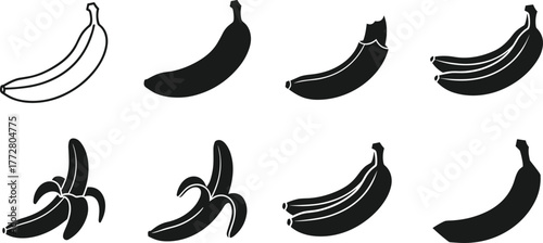 Collection of banana icons and silhouettes vector