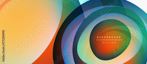 Abstract colorful layers create dynamic visual effect. Concentric circles blend orange, blue, green hues. Modern design element.