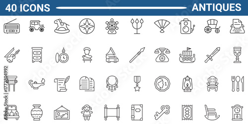 Antiques Web Icon Set in Line or outline Style. Icon For Web and Mobile App. Linear icon collection. Editable stroke. Vector illustration.