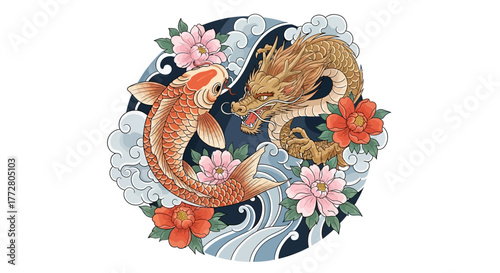 A symbolic artwork featuring a detailed dragon and koi fish facing each other among serene flowers