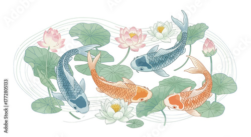 Delicate watercolor koi swimming peacefully among water lilies in a serene pond design