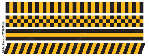 Set of taxi, police or caution tapes patterns isolated on white background. Black and yellow checkered and striped textures. Warning, prohobited or forbidden ribbons. Vector flat illustration