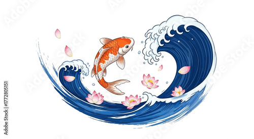 Elegant koi fish amidst swirling waves and floating lotus blossoms in delicate watercolor style