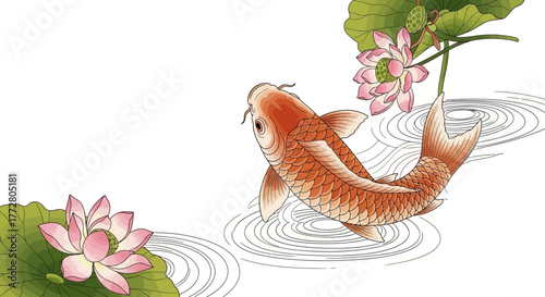 Elegant depiction of a koi fish swimming amidst lotus flowers in a serene pond environment