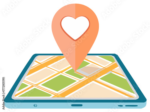 Favorite place concept with a heart location pin on a smartphone map. Dating app location finder vector illustration.