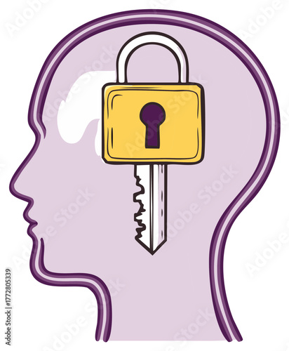 Conceptual illustration of a lock and key within a human head symbolizing security and unlocking the mind