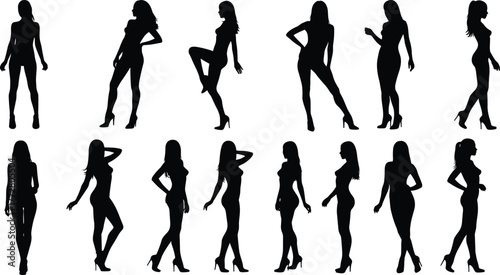 Women silhouette vector, female fashion pose, stylish lady clipart, standing woman design, walking girl art, elegant figure outline, posture illustration