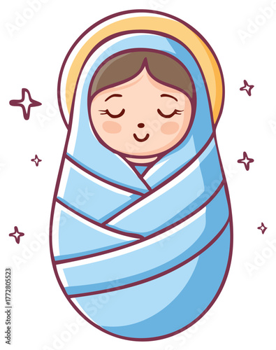 Cute Cartoon Illustration of Baby Jesus Swaddled in Blue