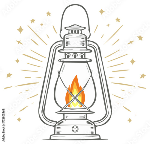 Vintage kerosene lantern with a bright flame and radiating light against a white background