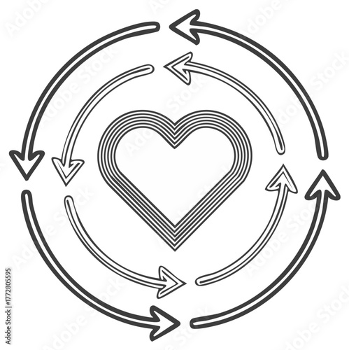 Monochrome line art heart icon surrounded by circular arrows illustrating continuous flow cycle and care process