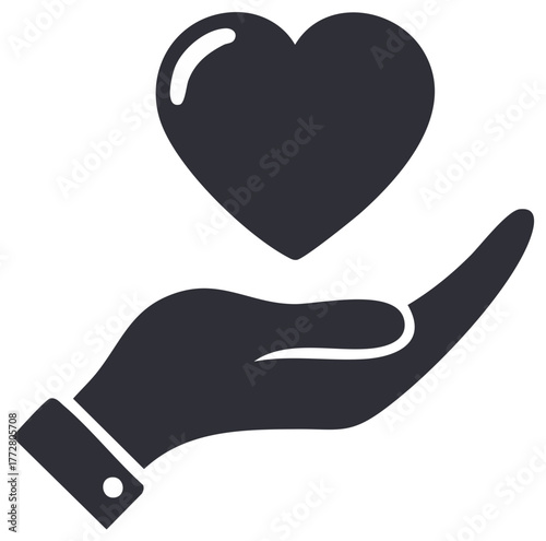 Hand holding a dark heart symbol icon. Charity, care and love concept.