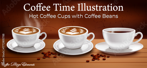 Coffee Time Illustration with Hot Coffee Cups and Coffee Beans. 