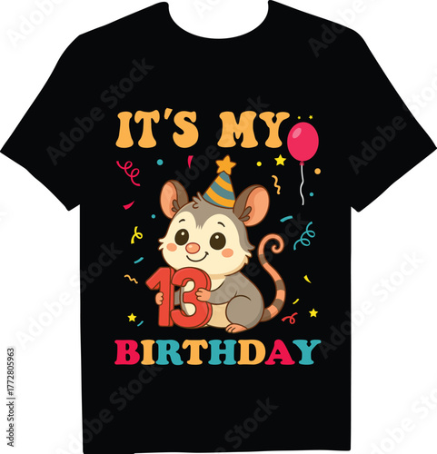 Celebrate a 13th birthday with this adorable cartoon mouse wearing a party hat and holding a number 13, perfect for a fun and festive tshirt design