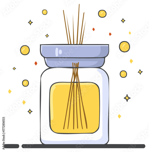 Aromatic reed diffuser illustration with sparkling fragrance for spa relaxation and wellness