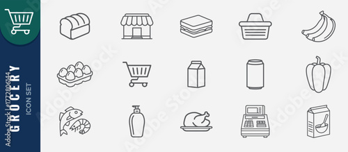 Grocery icon set. Groceries and market produce icons. Containing store, cart, store, shop, chicken, banana, sandwich, illustration.