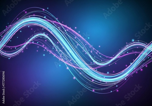 A minimalistic neon composition showing flowing cyan and magenta waves across a deep navy background. Subtle glowing dots enhance the depth and futuristic tone. The lines form a rhythmic digital patte