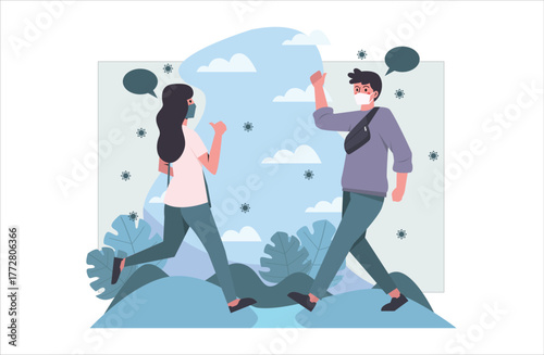 People Wearing Face Masks Greeting Each Other Outdoors – Social Distancing Concept Illustration