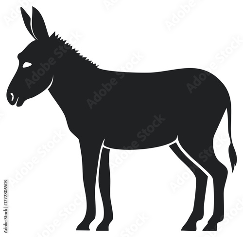 Black silhouette of a donkey with large ears standing profile view on a white background