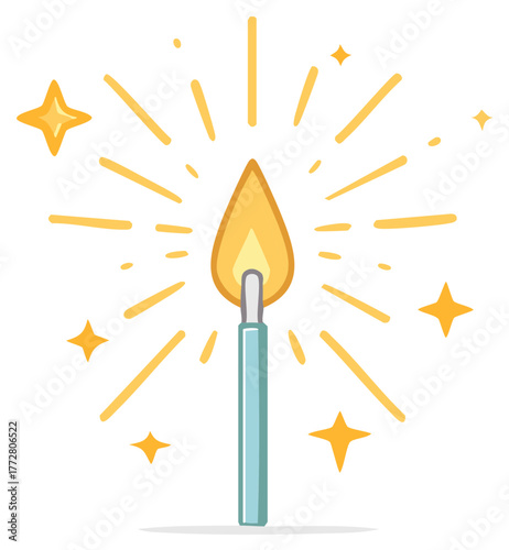 Sparking matchstick icon with a bright glowing flame and stars symbol of a creative idea or inspiration