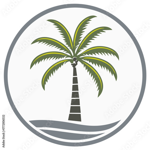 Stylized palm tree on a tropical island with waves vector logo icon in a circular frame