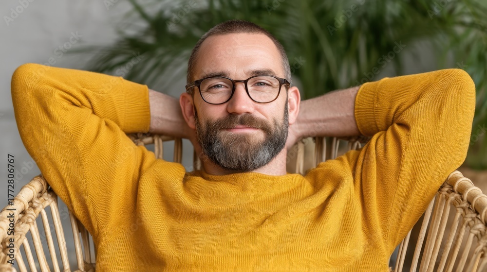 Obraz premium Man Resting in Cozy Chair After Long Day in Indoor Ambiance, Wearing Comfortable Sweater and Relaxed Expression, Enjoying Peaceful Moment