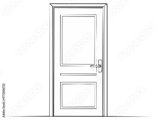 Minimalist line drawing of a closed door with frame and handle vector art illustration