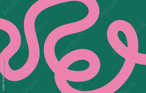 Abstract wavy lines pattern. Horizontal green background with dynamic curvy stripe, hand drawing pink wave line. Editable stroke. Vector illustration for music festival, poster, banner