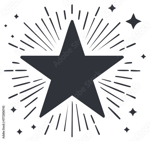 Hand drawn five point star icon with radiating burst lines and sparkling elements