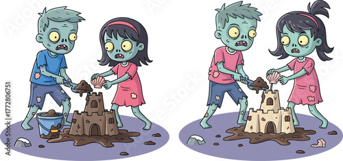 Zombie children, sandcastle building, cartoon illustration, beach scene, spot the difference, playful horror, undead kids, creative puzzle, summer activity, comic style